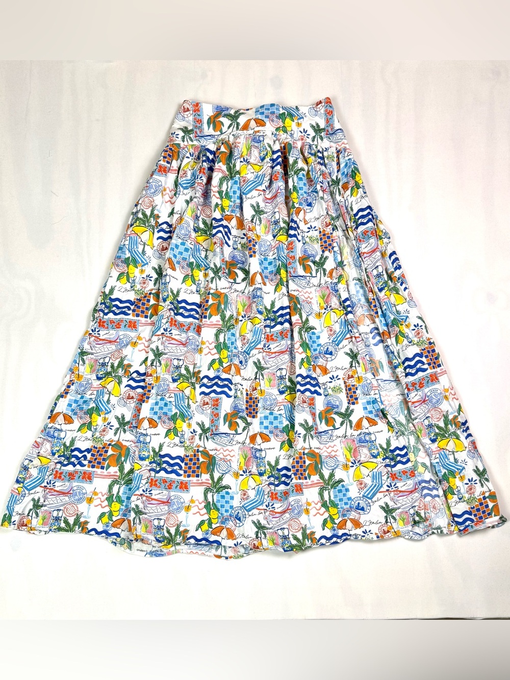 Bydee Luci Skirt Vacanza Italy Print Linen Blend Maxi High Slit Tie Back S/M